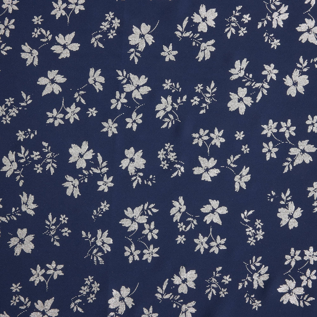 NAVY/SILVER | 26418-5200 - KAYLA FOIL DITZY FLOWER CREPE CHIFFON - Zelouf Fabrics