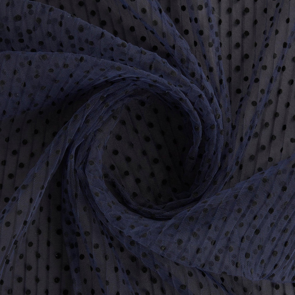 DAZZLING NAVY | 25875 - SARAH DOT FLOCK PLEATED MESH - Zelouf Fabrics