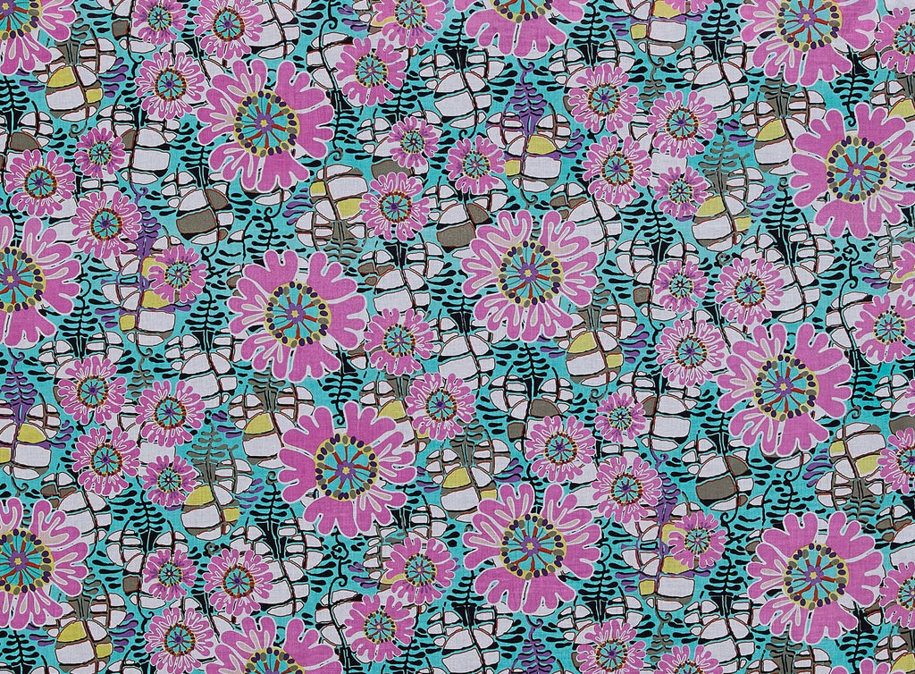 413 TURQ/PINK/ | 50090-5554 - PINWHEEL GARDEN ON LAWN - Zelouf Fabrics