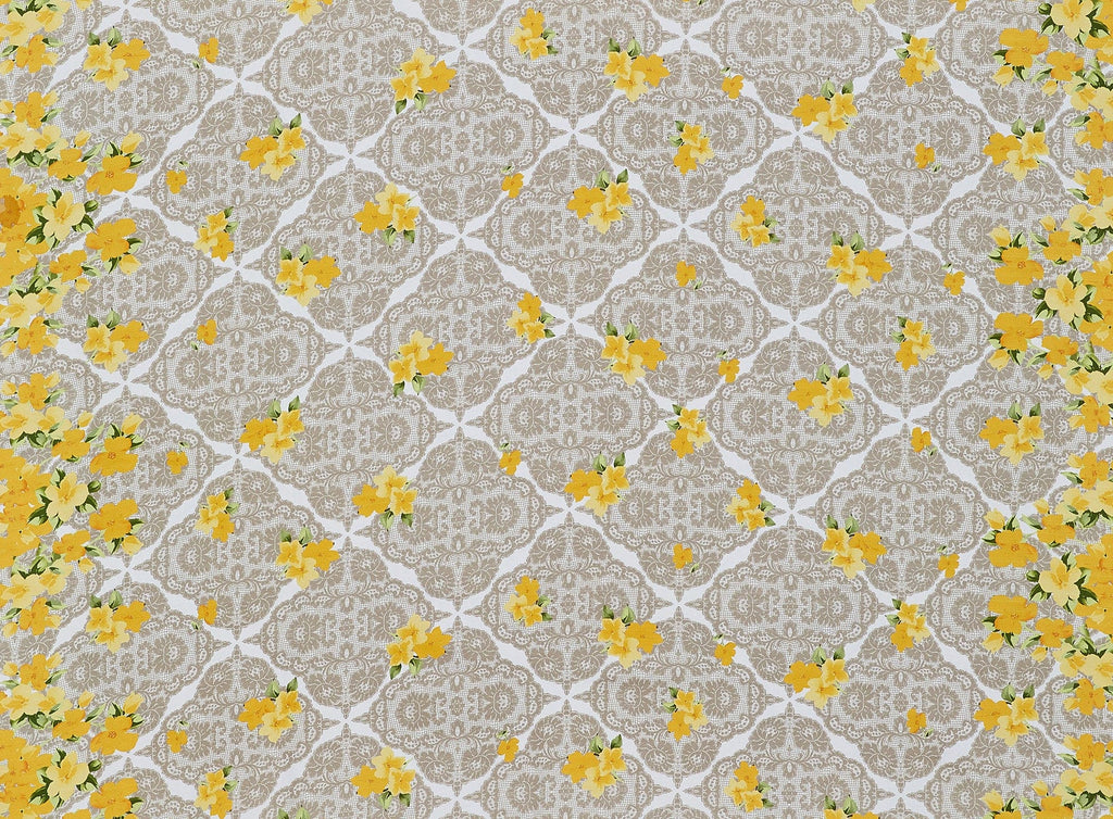 257 TAN/YELLOW | 50367-5558 - LACE FLORAL BORDER ON STRETCH COTTON SATEEN - Zelouf Fabrics