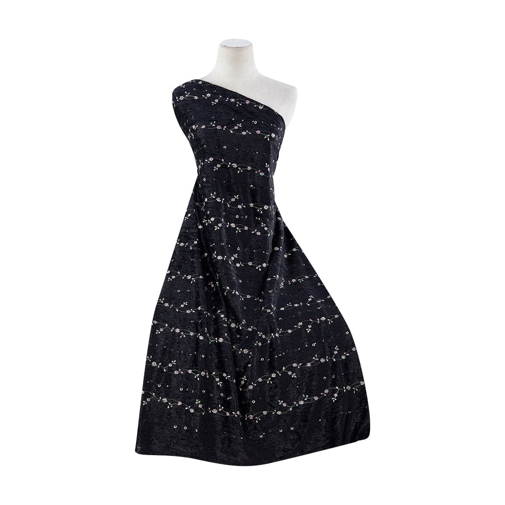BLACK | 6129 - PLEATED GOMEZ PANNE W/SEQUINS AND MULTI COLOR EMBR - Zelouf Fabrics