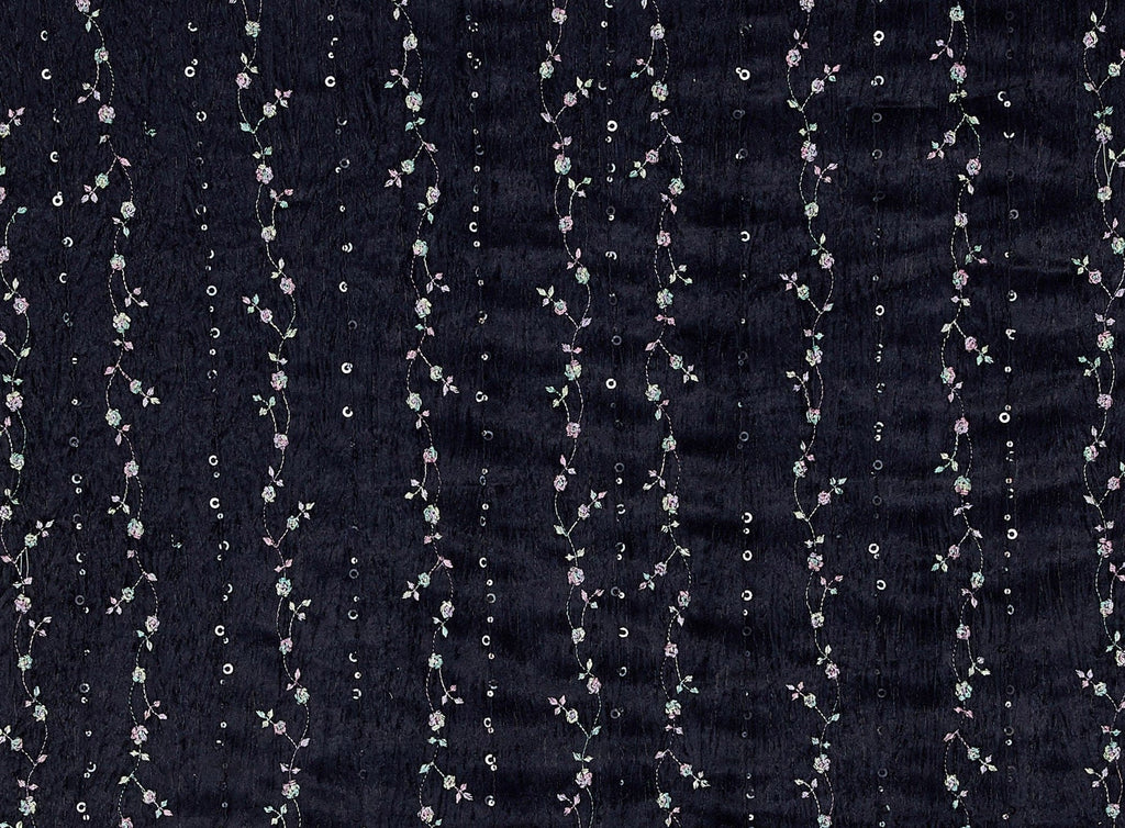 BLACK | 6129 - PLEATED GOMEZ PANNE W/SEQUINS AND MULTI COLOR EMBR - Zelouf Fabrics