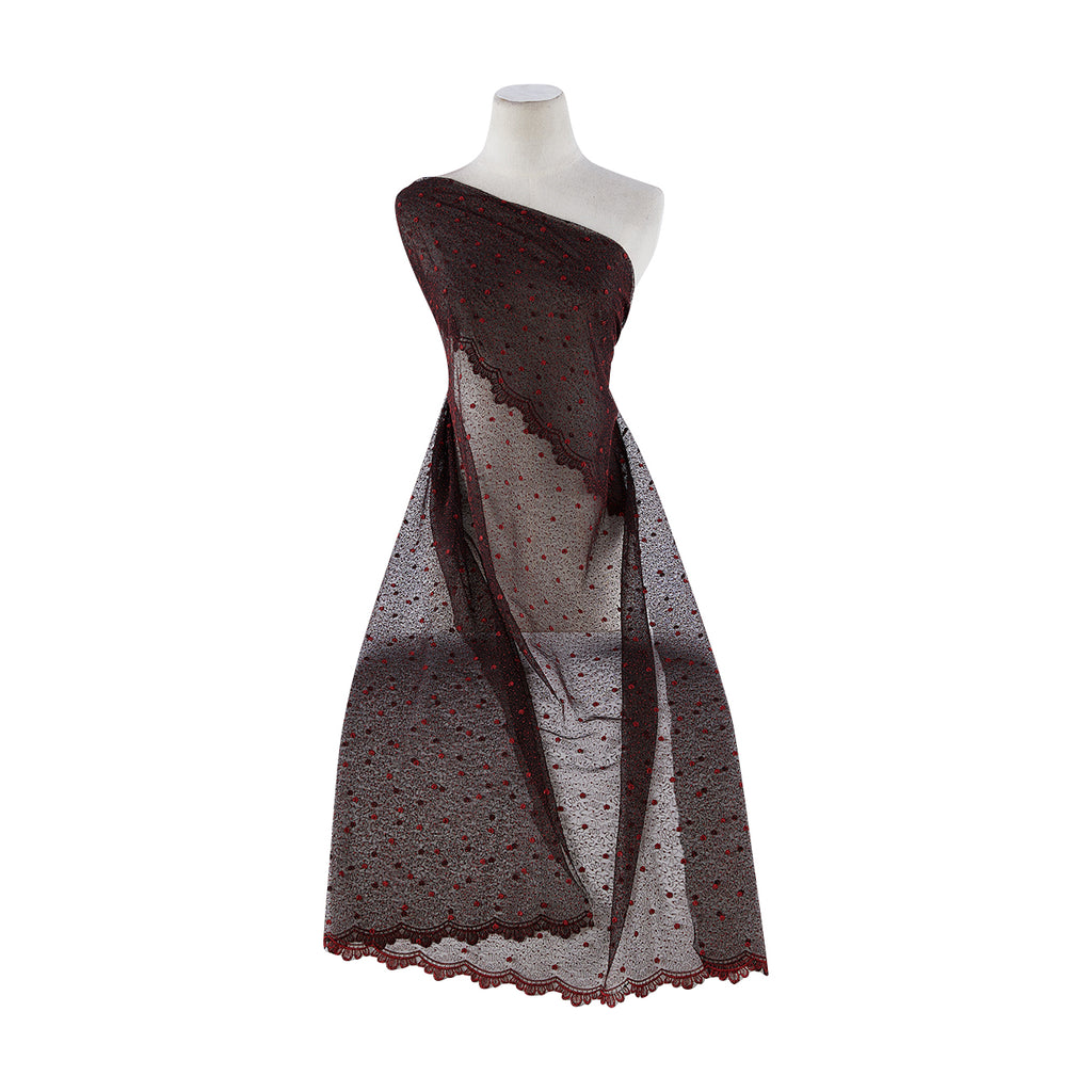 ROSIE METALLIC EMBROIDERY DOUBLE BORDER TULLE  | 6611 BLACK/RED - Zelouf Fabrics