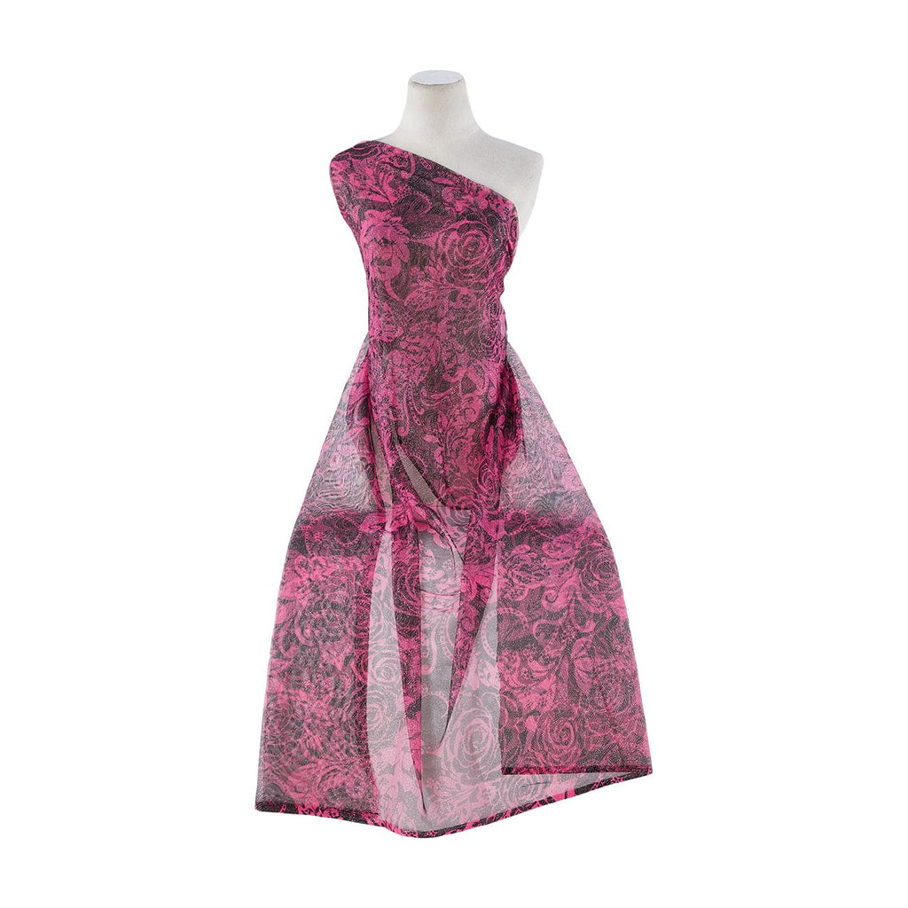 ROSE PRINT ROLLER GLITTER TULLE  | 7087-6289 VERY CERISE - Zelouf Fabrics