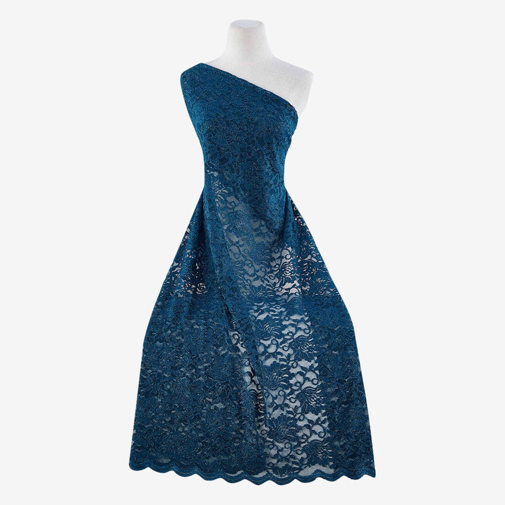 MAJESTIC PEACOCK | 7768SC-RLRGLT - STRETCH LACE WITH SCALLOP WITH ROLLER GLITTER - Zelouf Fabrics