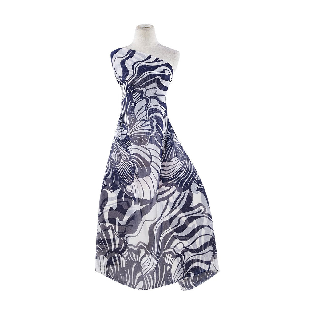 LARGE PALM PRINT ON YORYU CHIFFON  | 7802 WHITE/NAVY - Zelouf Fabrics
