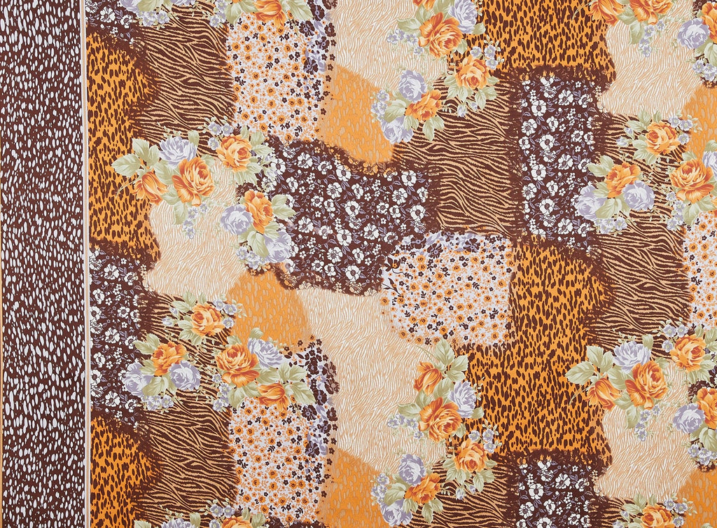 FLORAL & ANIMAL PATCHWORK PRINT ON CHARMEUSE  | 7827  - Zelouf Fabrics
