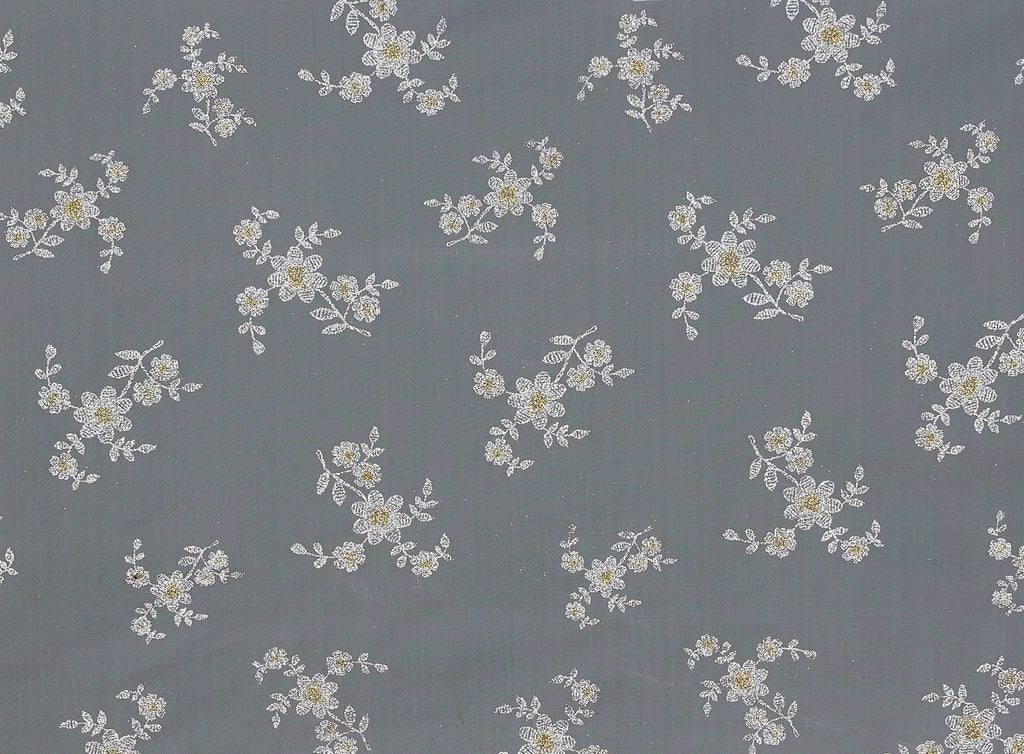 WHITE | 7899 - 2 TONE CROSS STITCH FLORAL GLITTER ON TULLE - Zelouf Fabrics