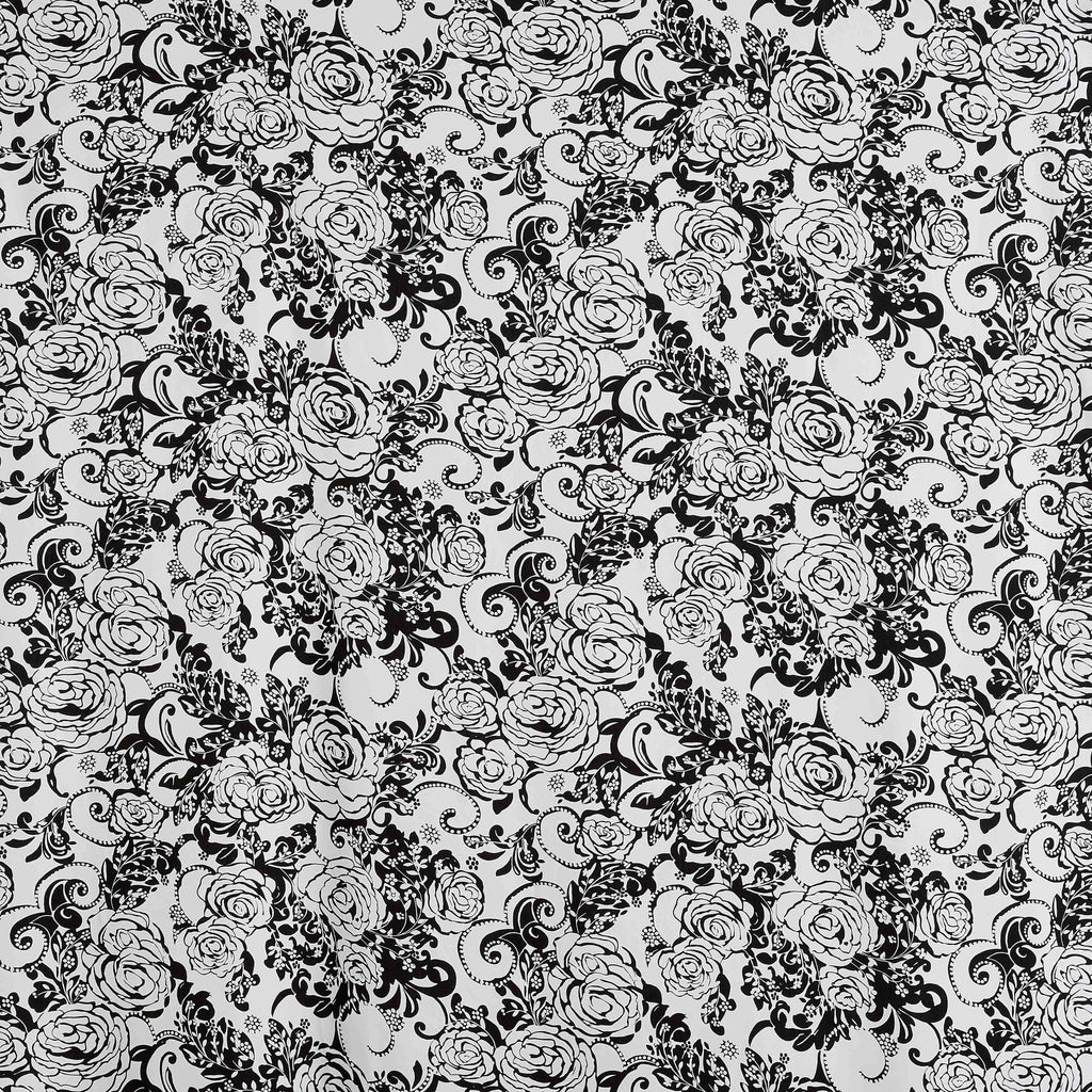 WHITE/BLACK | 7904 - SCROLL ROSE PRINT ON ST COTTON POPLIN - Zelouf Fabrics
