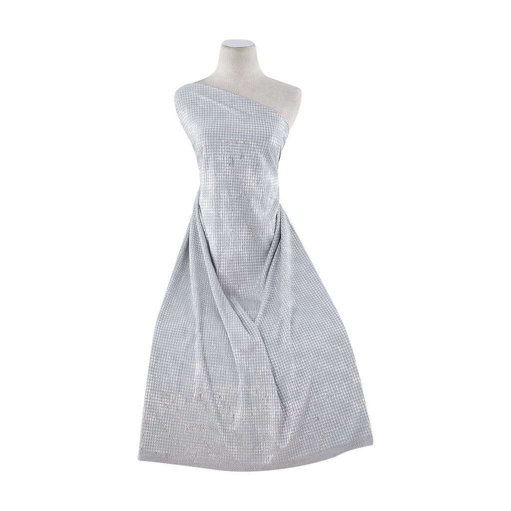 BRUSHED SILVER/SILVER | 8098 - HOUNDSTOOTH FOIL ON PLEATED BODRE KNIT - Zelouf Fabrics