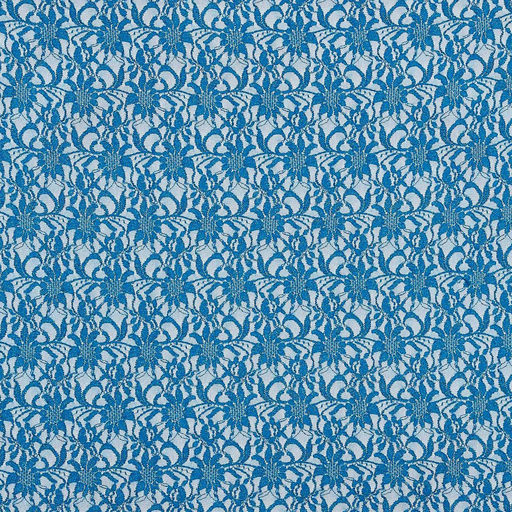 TURQUOISE RUM | 8266-SC ROLGLIT-BLUE - TONAL STRETCH ROLLER GLITTER SCALLOP LACE - Zelouf Fabric
