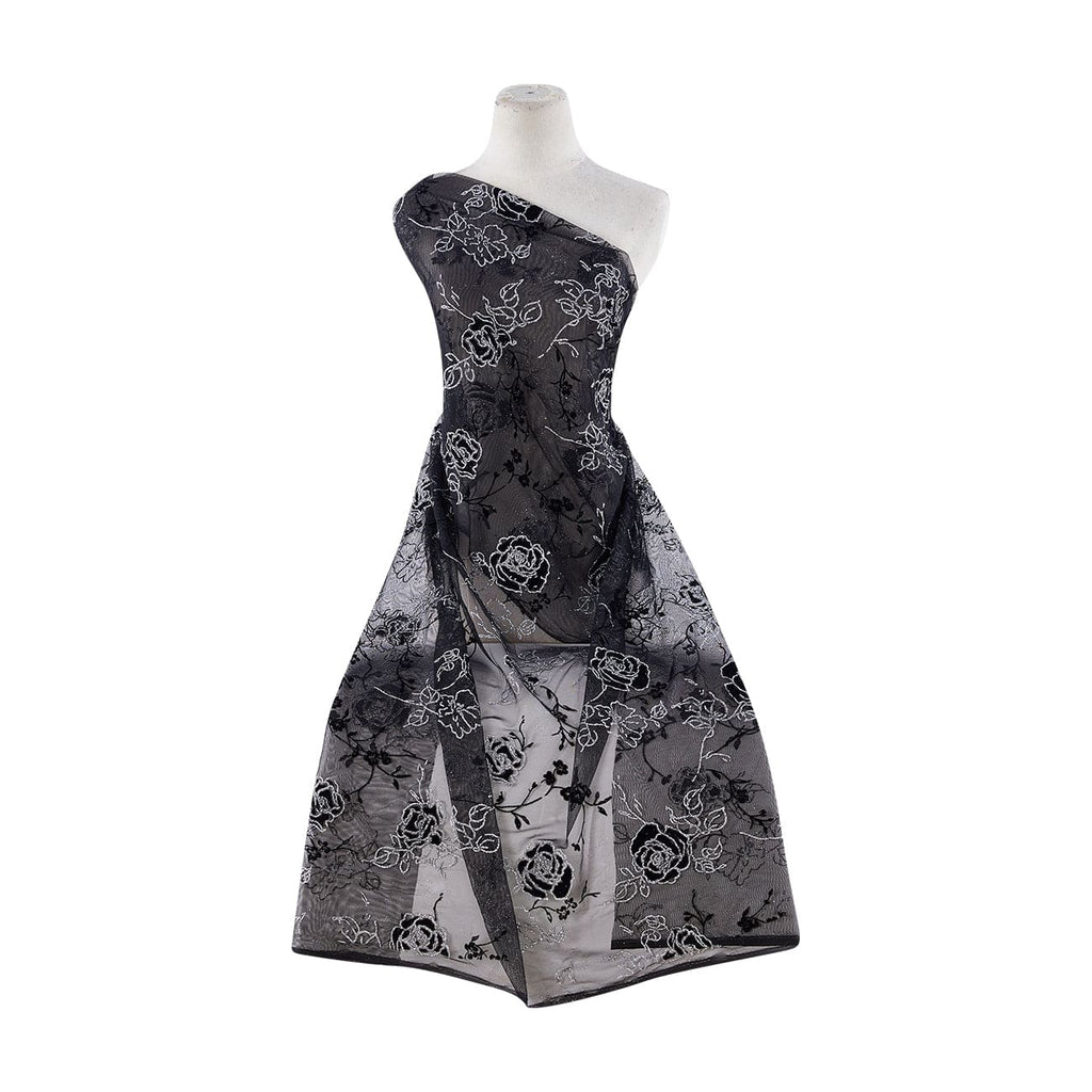 BLK/BLK/SILVER | 8352-1060 - TULLE W/ BLK ROSE FLOCK AND OUTLINE GLITTER - Zelouf Fabrics