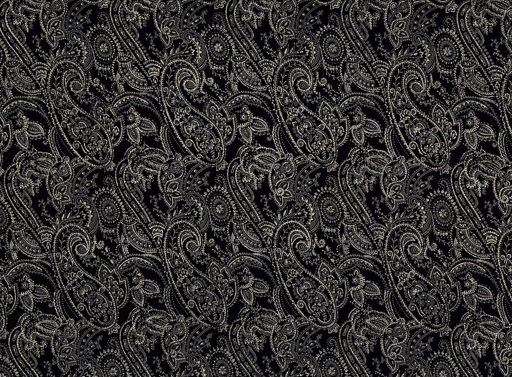 BLACK/GOLD | 8467-323 - STENCIL PAISLEY LACQUER & GLITTER ON SPANDEX VELVET - Zelouf Fabrics