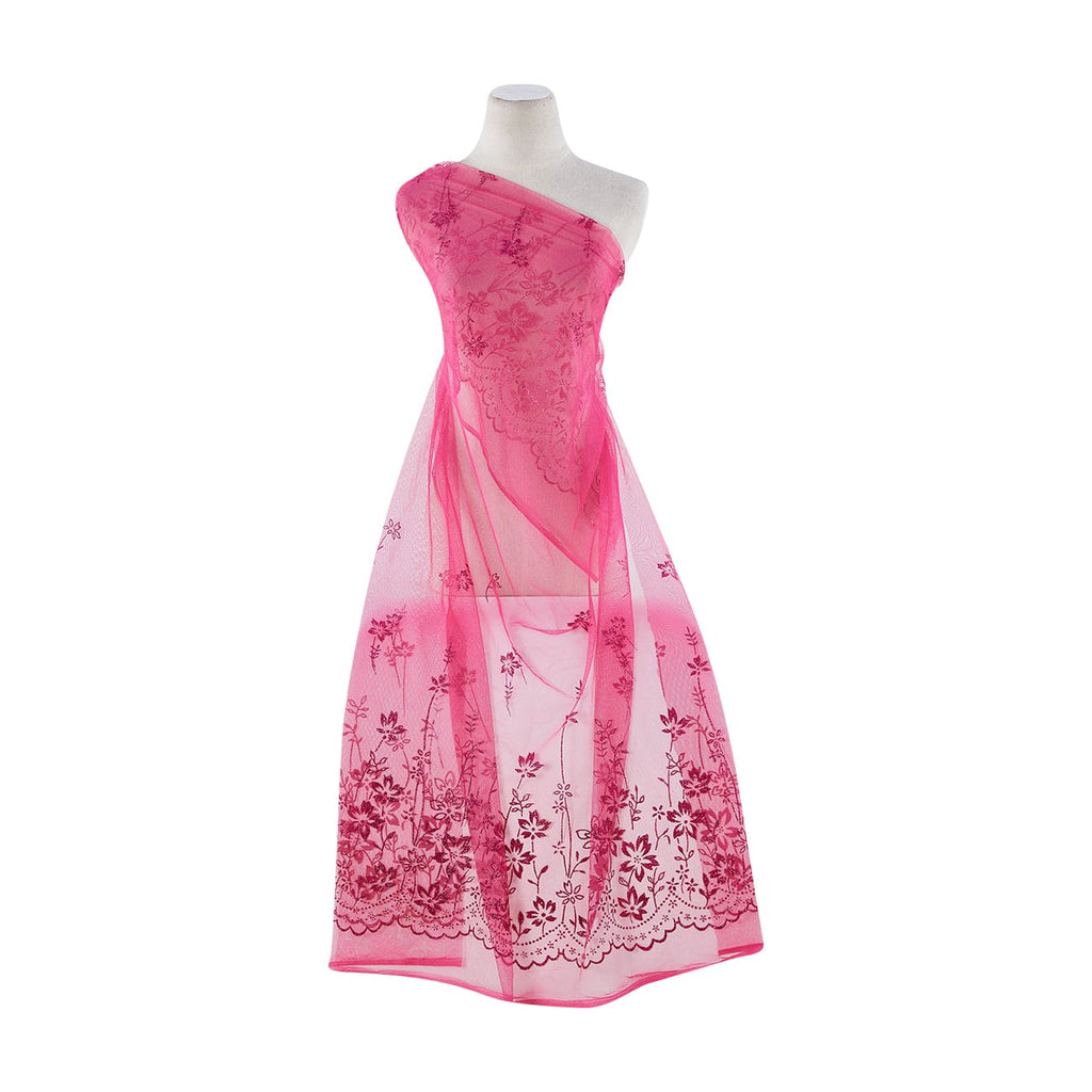 HOT PINK | 8848-1060 - FLORAL DOUBLE BORDER GLITTER ON TULLE - Zelouf Fabrics
