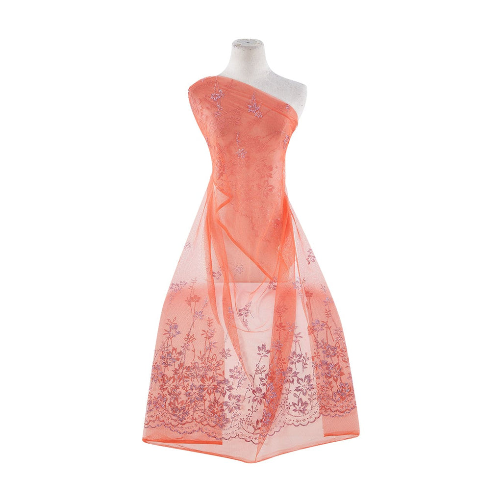 ORANGE | 8848-1060 - FLORAL DOUBLE BORDER GLITTER ON TULLE - Zelouf Fabrics