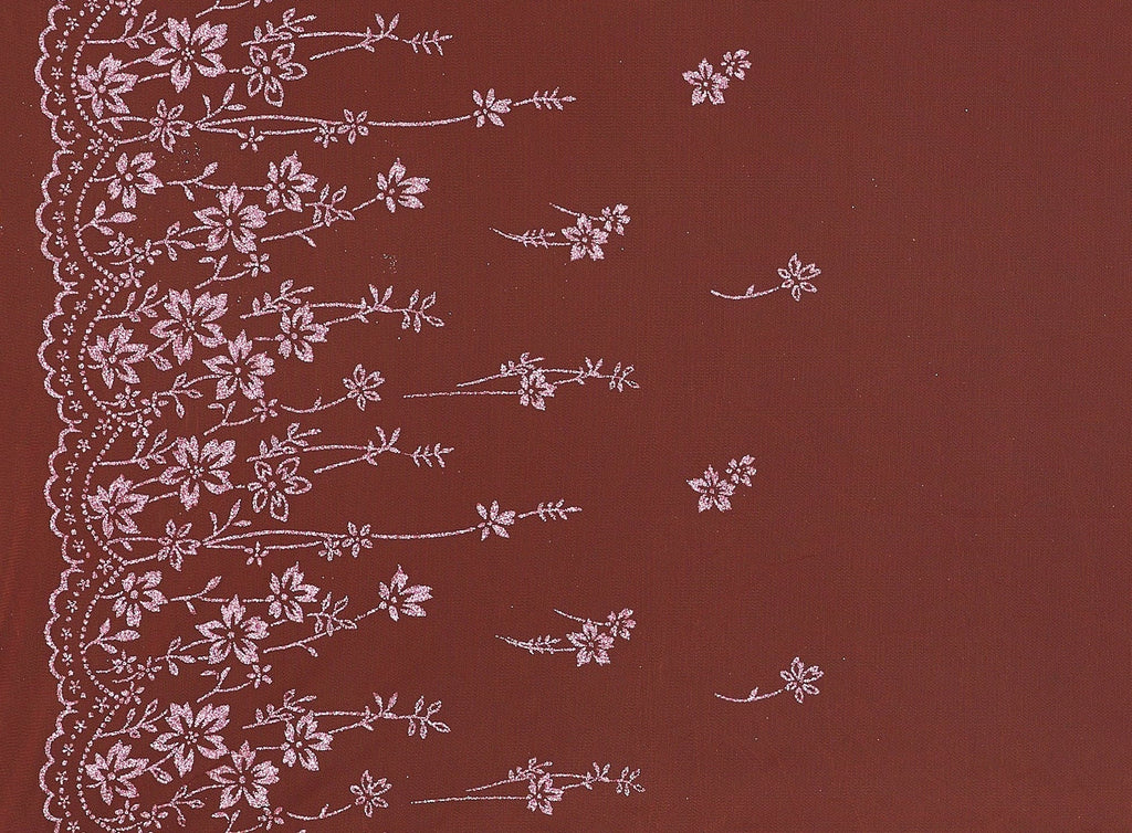 ORANGE | 8848-1060 - FLORAL DOUBLE BORDER GLITTER ON TULLE - Zelouf Fabrics