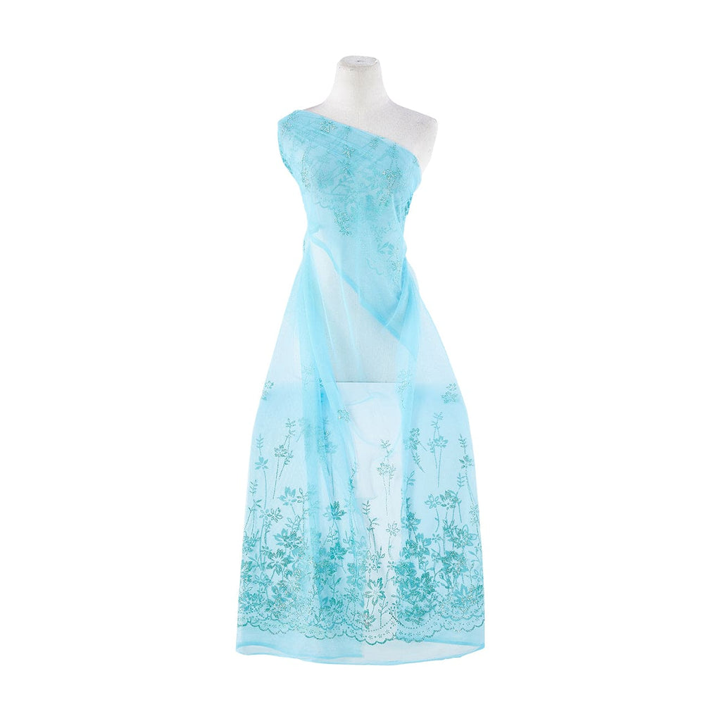 TURQUOISE | 8848-1060 - FLORAL DOUBLE BORDER GLITTER ON TULLE - Zelouf Fabrics