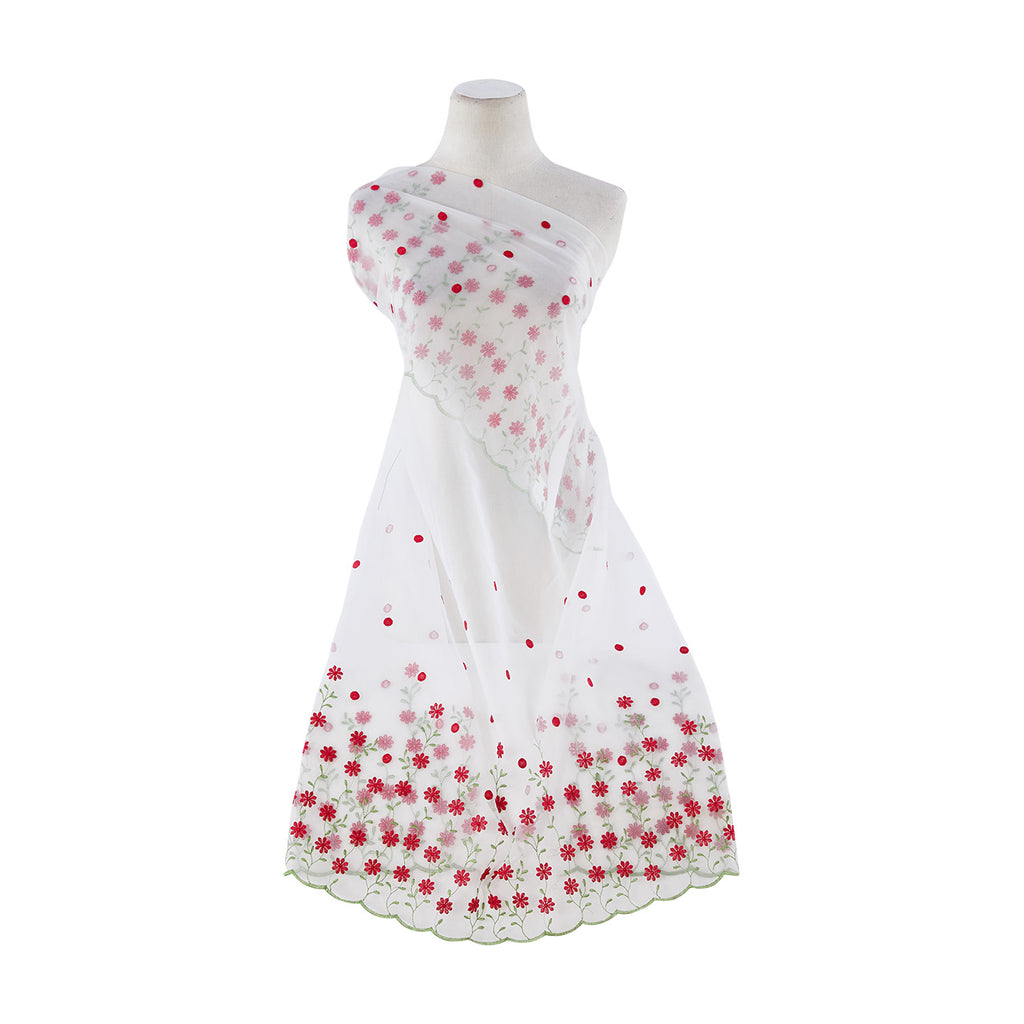 DOUBLE BORDER DAISY & DOTS EMBROIDERY CUT SCALLOP  | 8924-949 WHITE/RED - Zelouf Fabrics