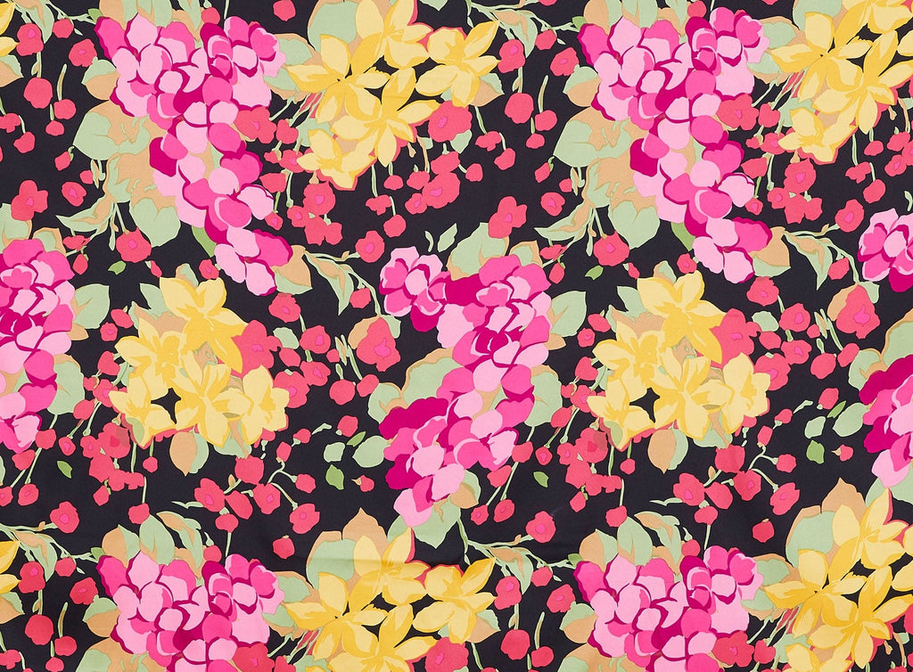 BLACK/FUCHSIA | 9135-7083 - FLORAL PRINT ON STRETCH SATIN - Zelouf Fabrics