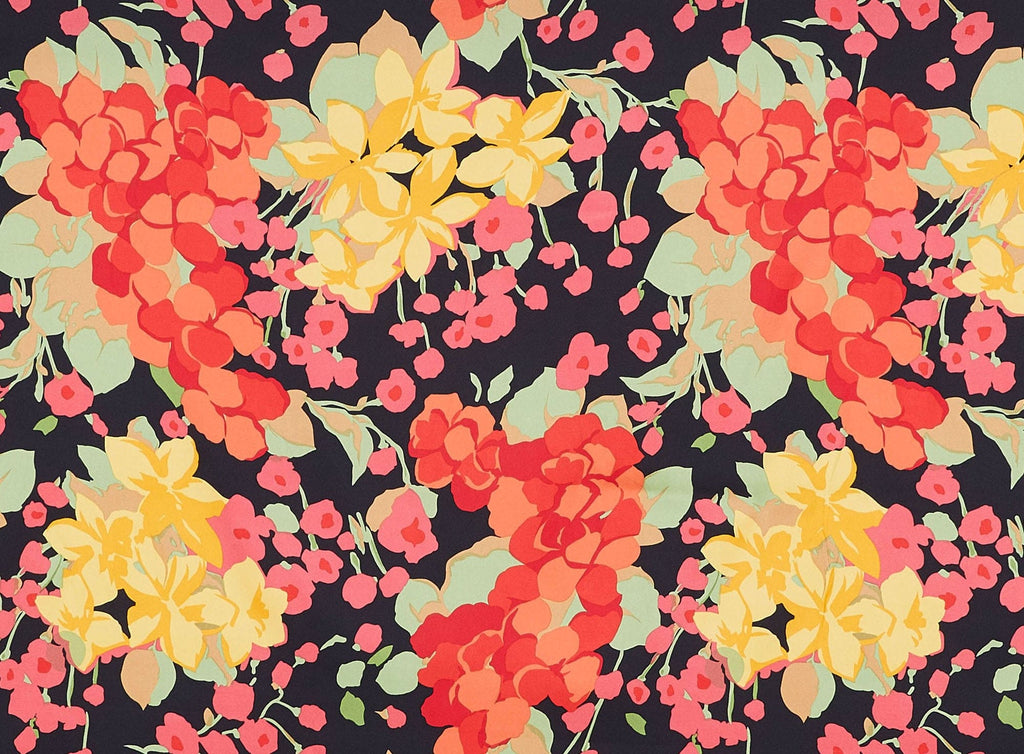 BLACK/ORANGE | 9135-7083 - FLORAL PRINT ON STRETCH SATIN - Zelouf Fabrics