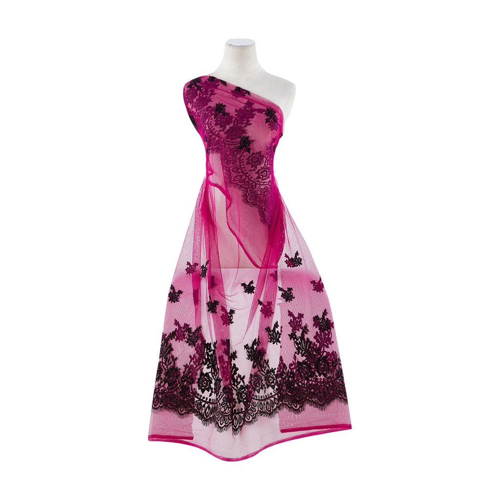 DBL BORDER FLORAL FLOCK W/ETCHED GLITTER ON TULLE  | 9176-1060 LE FUCHSIA - Zelouf Fabrics