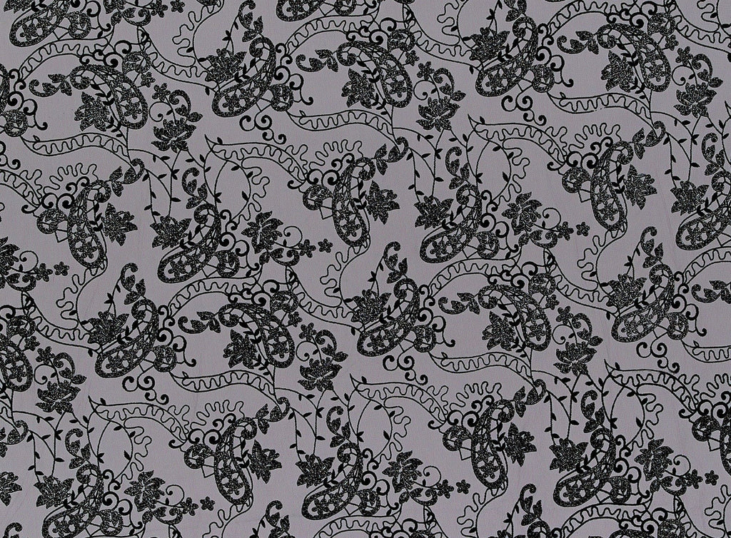 ALLOVER PAISLEY FLOCK W/ETCHED GLITTER ON TULLE  | 9203-1060 BLK/BLK/SILVER - Zelouf Fabrics