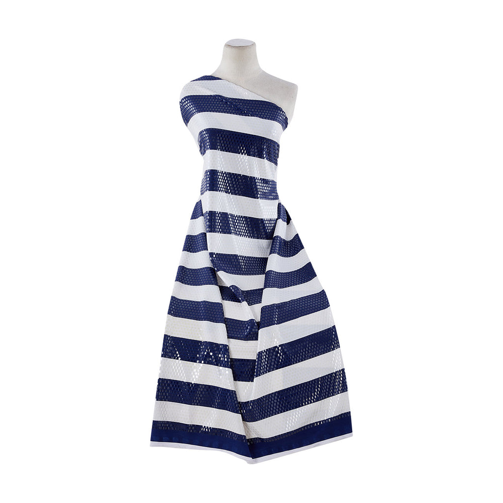 STRIPED CLEAR FAUX SEQUIN JERSEY | 9313-654TRANS NAVY/WHITE - Zelouf Fabrics