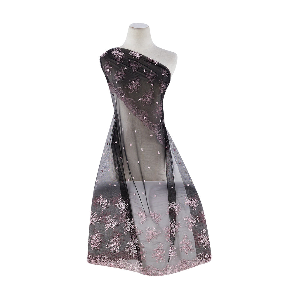 DOUBLE BORDER FLORAL&DOT EMB CUT SCALLOP ON TULLE  | 9337-1060 BLACK/PINK - Zelouf Fabrics