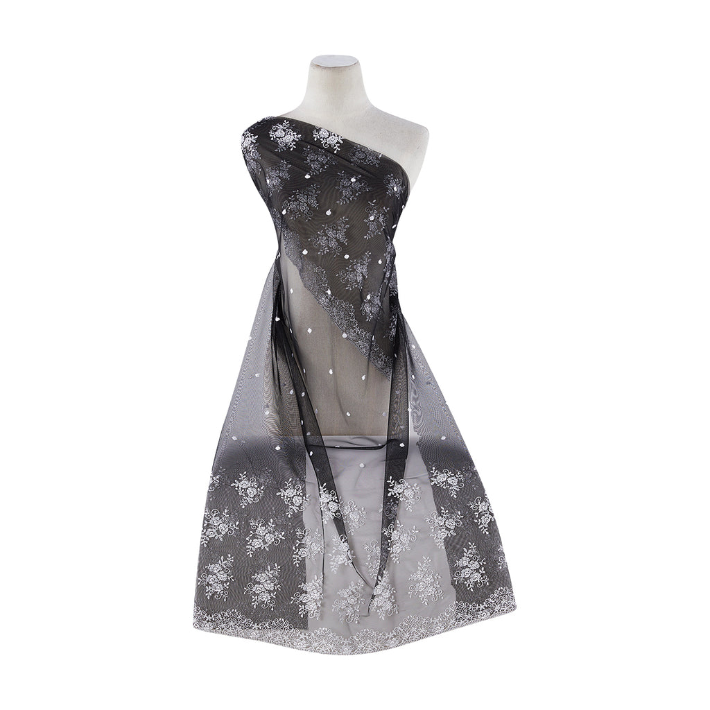 DOUBLE BORDER FLORAL&DOT EMB CUT SCALLOP ON TULLE  | 9337-1060 BLACK/WHITE - Zelouf Fabrics
