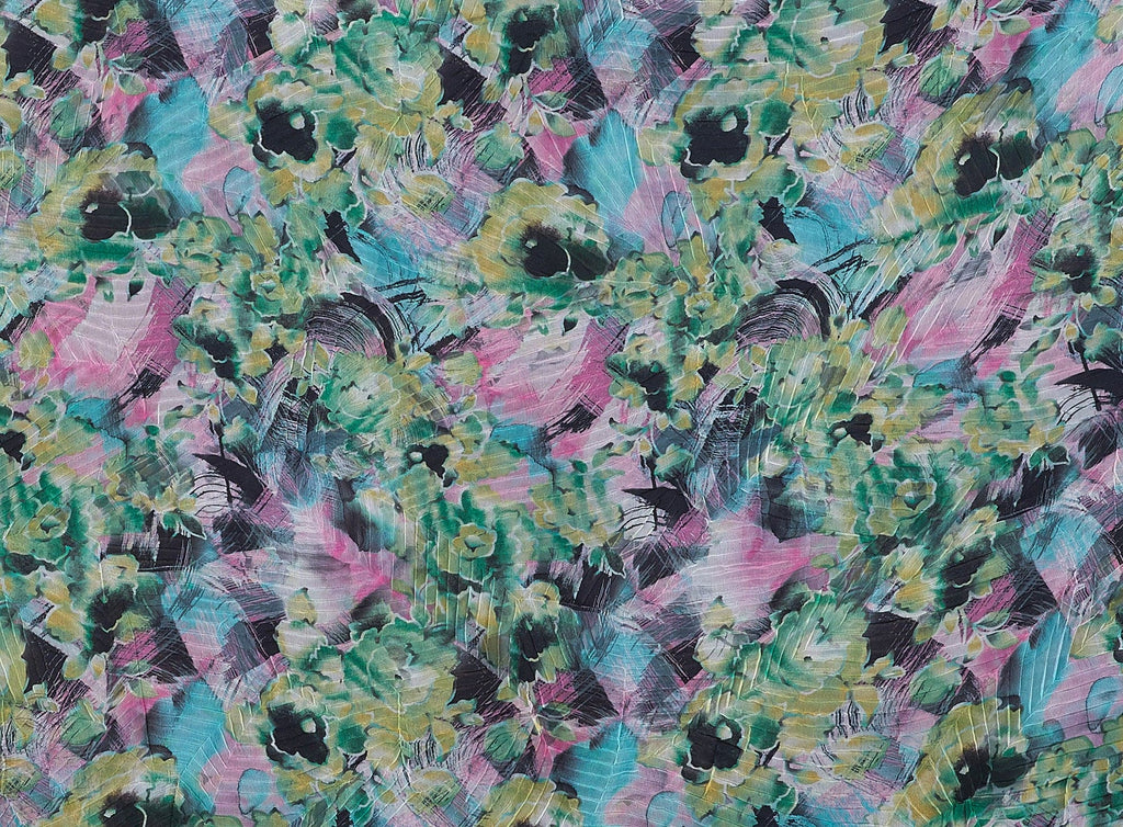 GREEN/PINK | 9373 - JUNGLE FLORAL PRINT ON JAPANESE PLEATED YORYU - Zelouf Fabrics