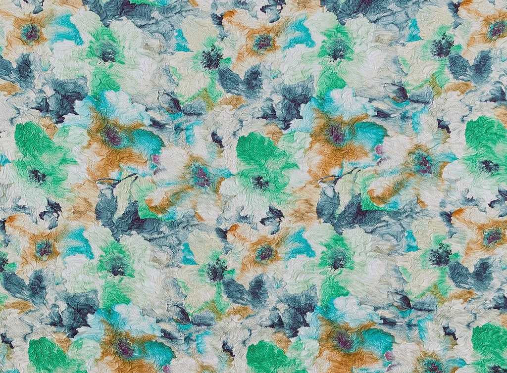 TURQ/TEAL/TANG | 9377 - WATER FLORAL PRINT ON SWIRL PLEATED CHARMEUSE - Zelouf Fabrics