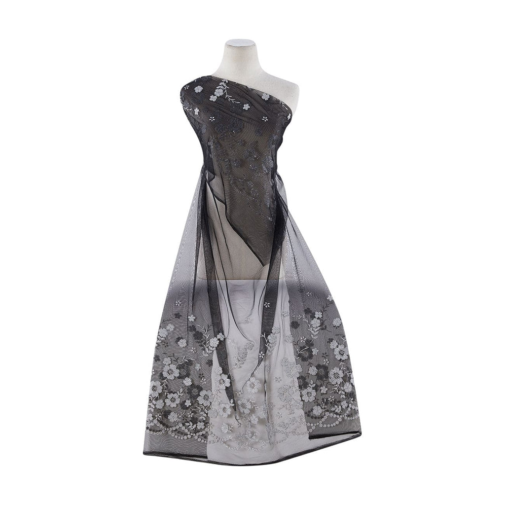BLK/SILV/SILV | 9450-1060 - DBL BDR FLORAL CAVIAR W/MIXED GLITTER ON TULLE - Zelouf Fabrics