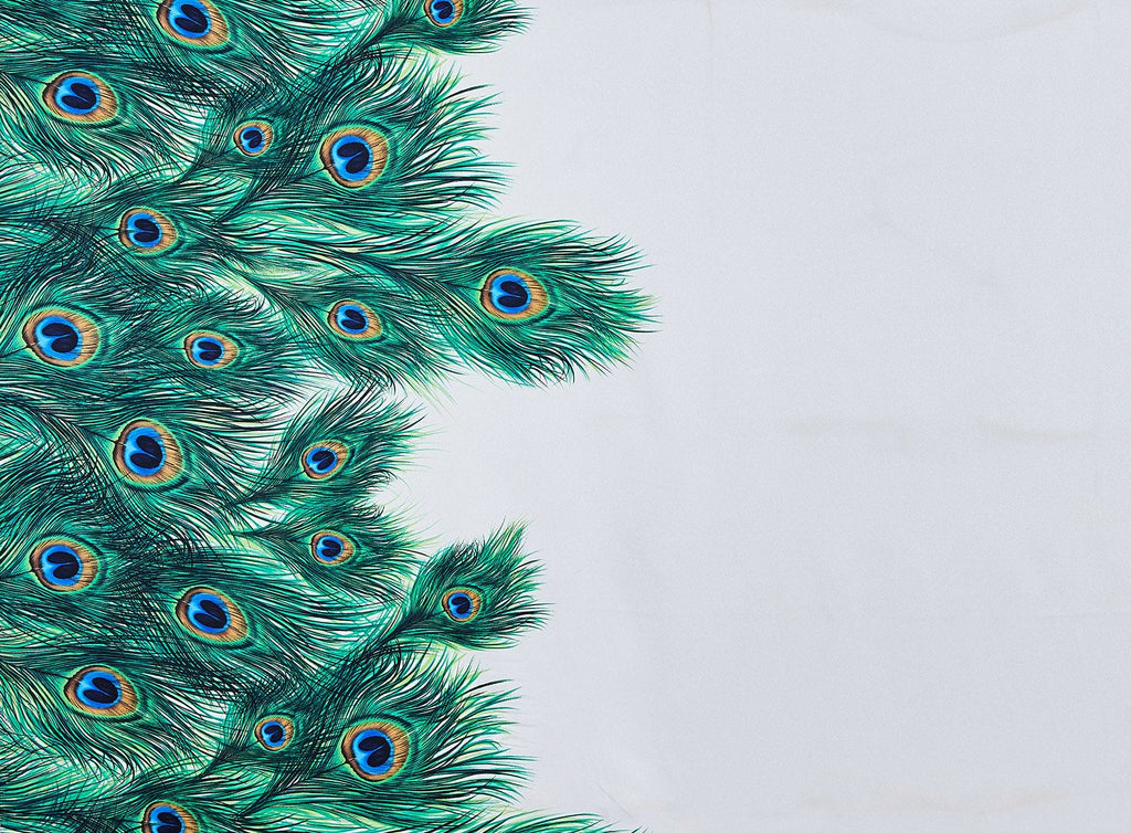WHITE/PEACOCK | 9479-404 - PEACOCK FEATHER PRINT ON CHARMEUSE - Zelouf Fabrics