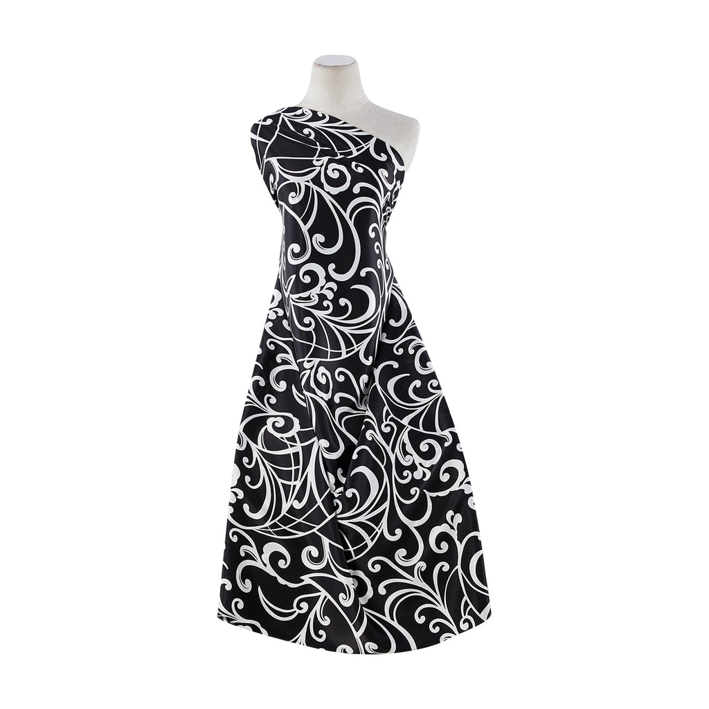 FILIGREE SCROLL PRINT ON CHARMEUSE  | 9516-404 BLACK/WHITE - Zelouf Fabrics