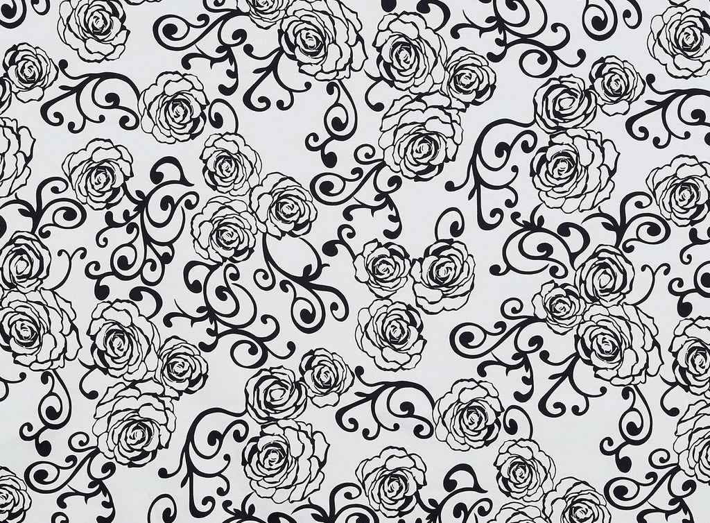 WHITE/BLACK | 9518-7083 - CINDERELLA ROSE & SCROLL PRINT ON STRETCH SATIN - Zelouf Fabrics