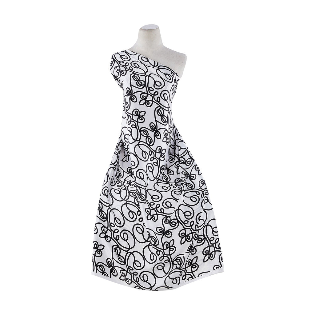 SCROLL PRINT ON CHARMEUSE  | 9565-404 WHITE/BLACK - Zelouf Fabrics