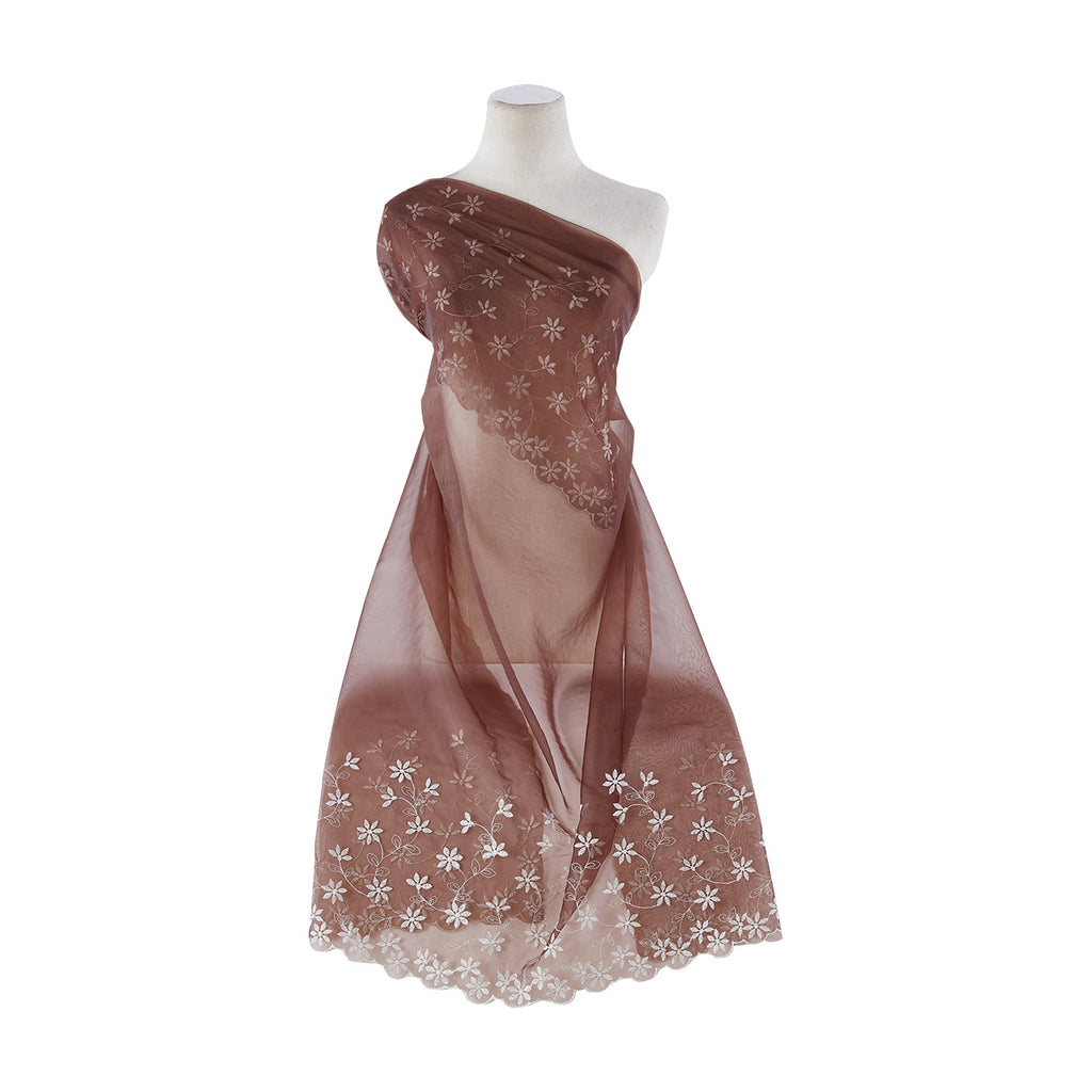 DBL BRDR FLORAL EMB CUT SCALLOP ON 2-PLY ORGANZA  | 9656-949 BROWN/IVORY - Zelouf Fabrics
