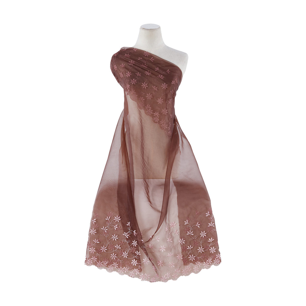 DBL BRDR FLORAL EMB CUT SCALLOP ON 2-PLY ORGANZA  | 9656-949 BROWN/PINK - Zelouf Fabrics