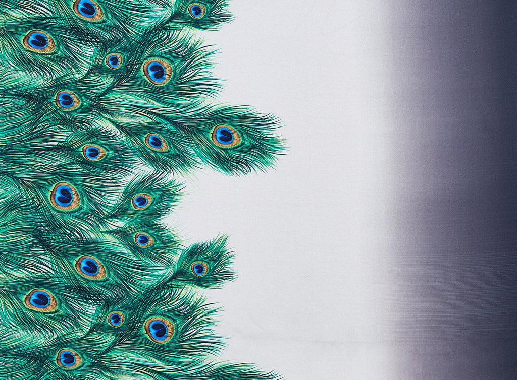 WHT/PEACOCK/BLK | 9679-404 - BORDER PEACOCK FEATHER PRINT ON SINGLE OMBRE CHARM - Zelouf Fabrics