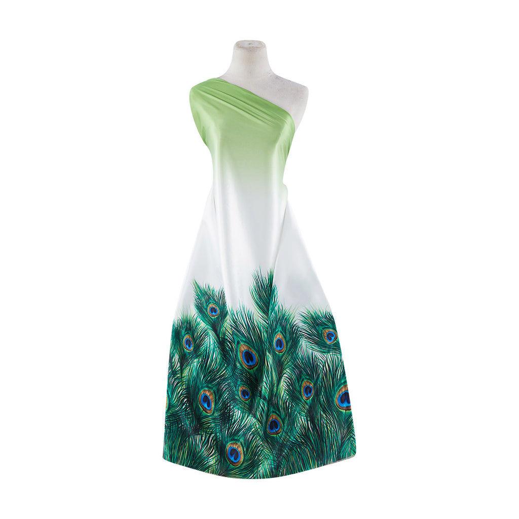 WHT/PEACOCK/GRN | 9679-404 - BORDER PEACOCK FEATHER PRINT ON SINGLE OMBRE CHARM - Zelouf Fabrics
