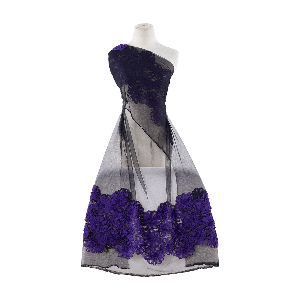 BLACK/PURPLE | 9817-1060 - FLOWER SUTASH DOUBLE BORDER ON TULLE - Zelouf Fabrics