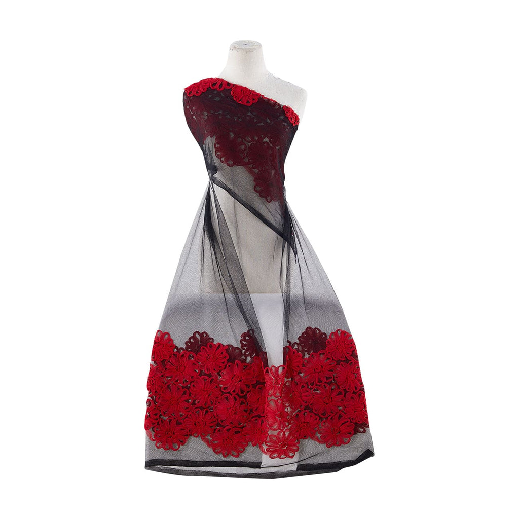 FLOWER SUTASH DOUBLE BORDER ON TULLE  | 9817-1060 BLACK/RED - Zelouf Fabrics