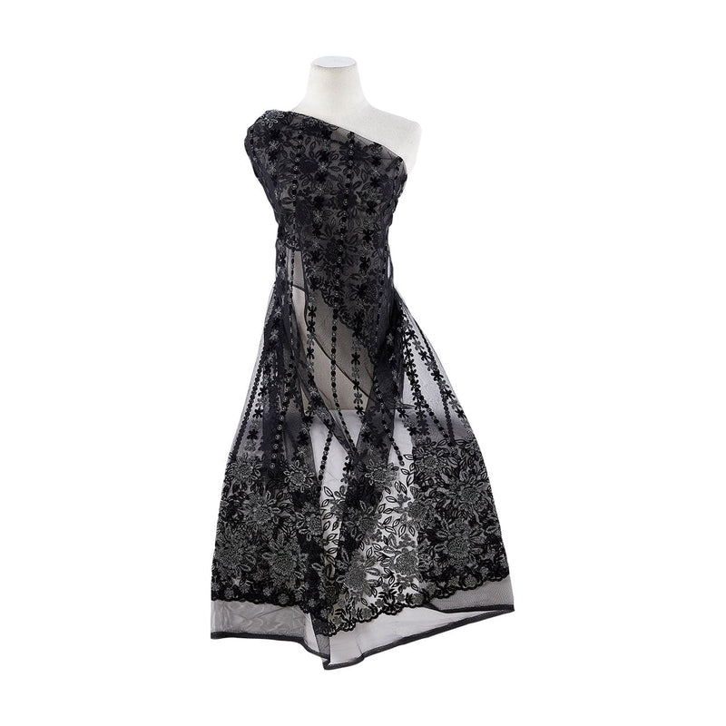 DOUBLE BORDER FLORAL FLOCK W/OUTLINE GLITER ON TULE  | 9851-1060