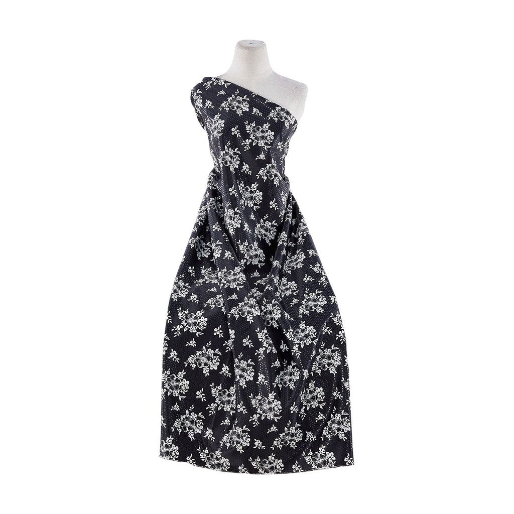 BLACK/WHITE | 9859-037 TRAN - SCATTERED FLOWERS PRINT ON BRIDAL SATIN W/ TRANS - Zelouf Fabrics