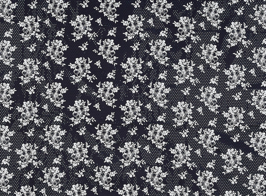 BLACK/WHITE | 9859-037 TRAN - SCATTERED FLOWERS PRINT ON BRIDAL SATIN W/ TRANS - Zelouf Fabrics