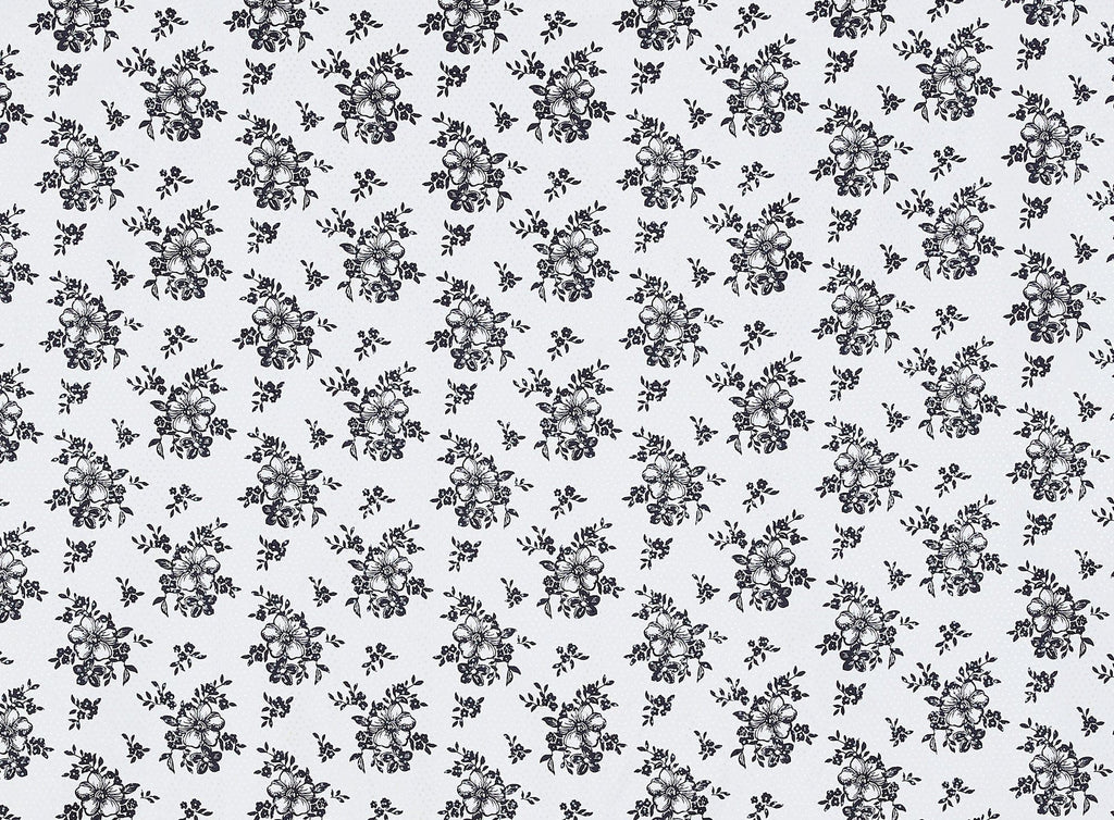 WHITE/BLACK | 9859-037 TRAN - SCATTERED FLOWERS PRINT ON BRIDAL SATIN W/ TRANS - Zelouf Fabrics