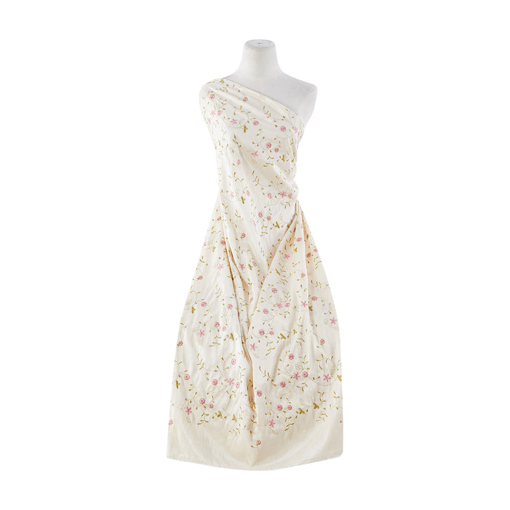 BONE/CORAL | 9862-6085 - ALL OVER DAISY FLOWER EMB. ON N/P TAFFETA - Zelouf Fabric