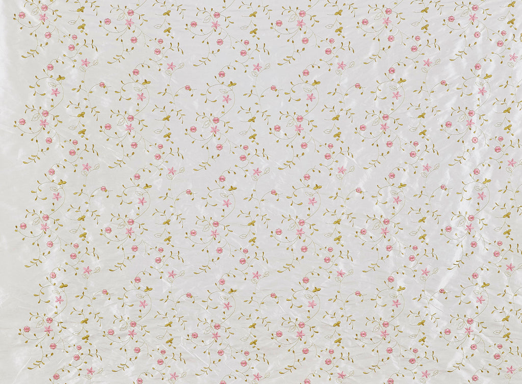 BONE/CORAL | 9862-6085 - ALL OVER DAISY FLOWER EMB. ON N/P TAFFETA - Zelouf Fabric