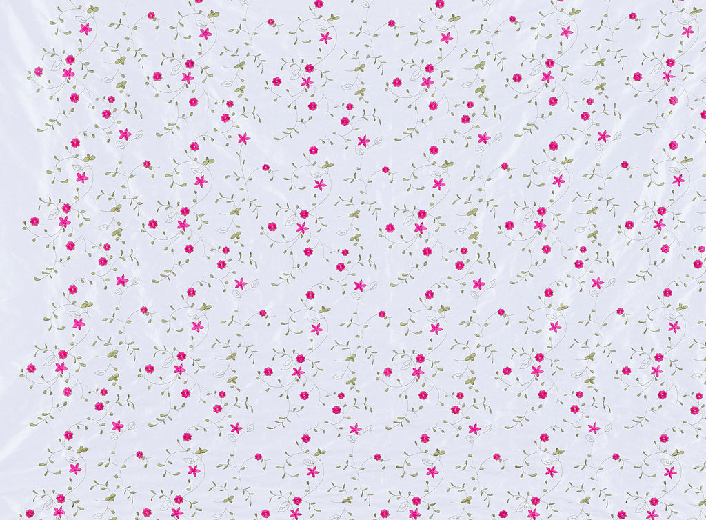 WHITE/FUCHSIA | 9862-6085 - ALL OVER DAISY FLOWER EMB. ON N/P TAFFETA - Zelouf Fabric