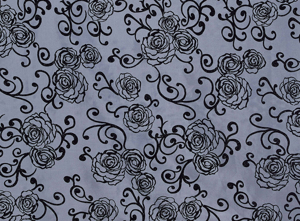 ALLVOER ROSE AND SCROLL FLOCK W/ MIXED GLITTER  | 9887-922 DENIM OPAL - Zelouf Fabrics